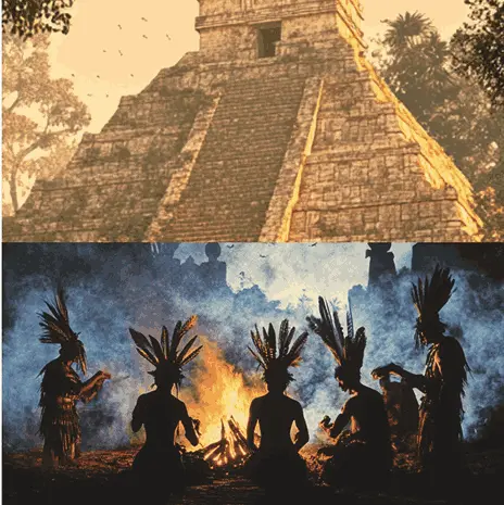 Top: ancient pyramid; Bottom: people in feathered headdresses around a fire.